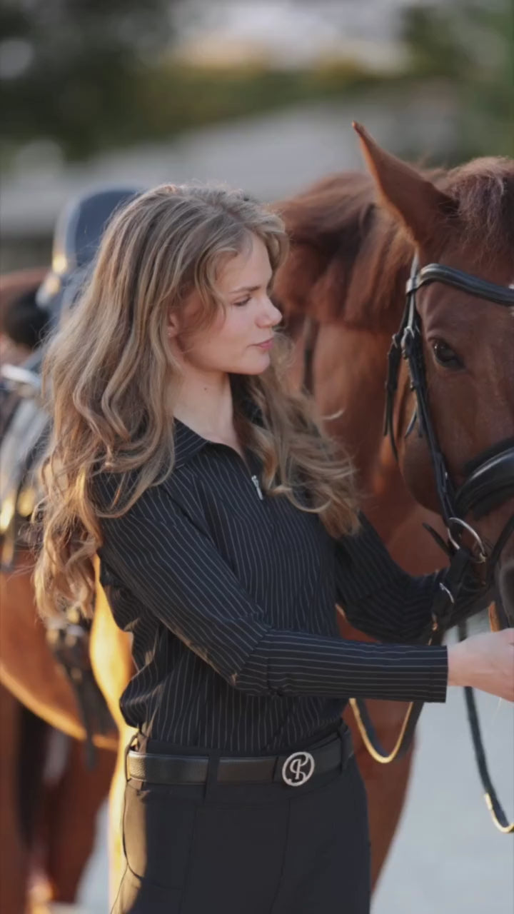 The Lani, B&W pinstripe collared 1/4 zip blouse