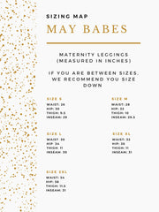 White Maternity leggings size guide with gold and black writing. 
